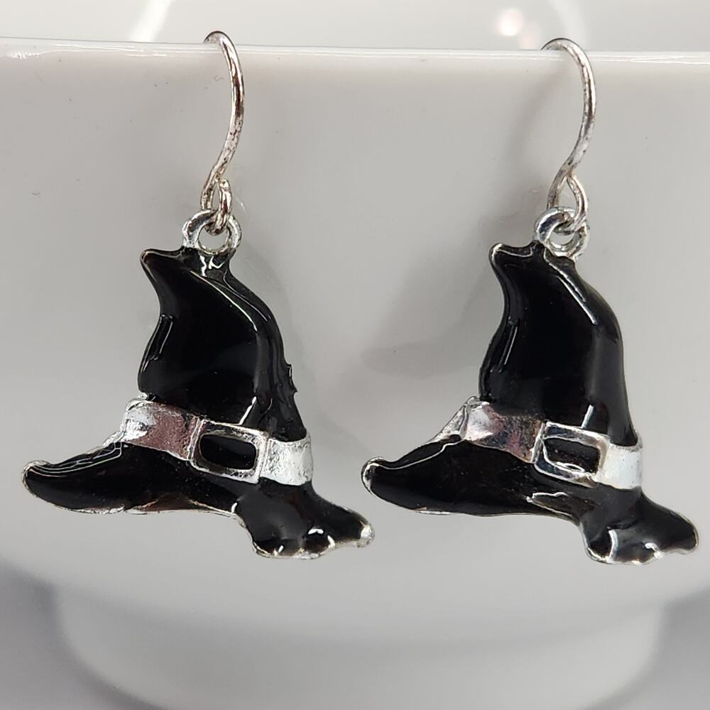 Black & Silver Halloween Witch Hat enamel Earrings drop dangle gothic jewelry